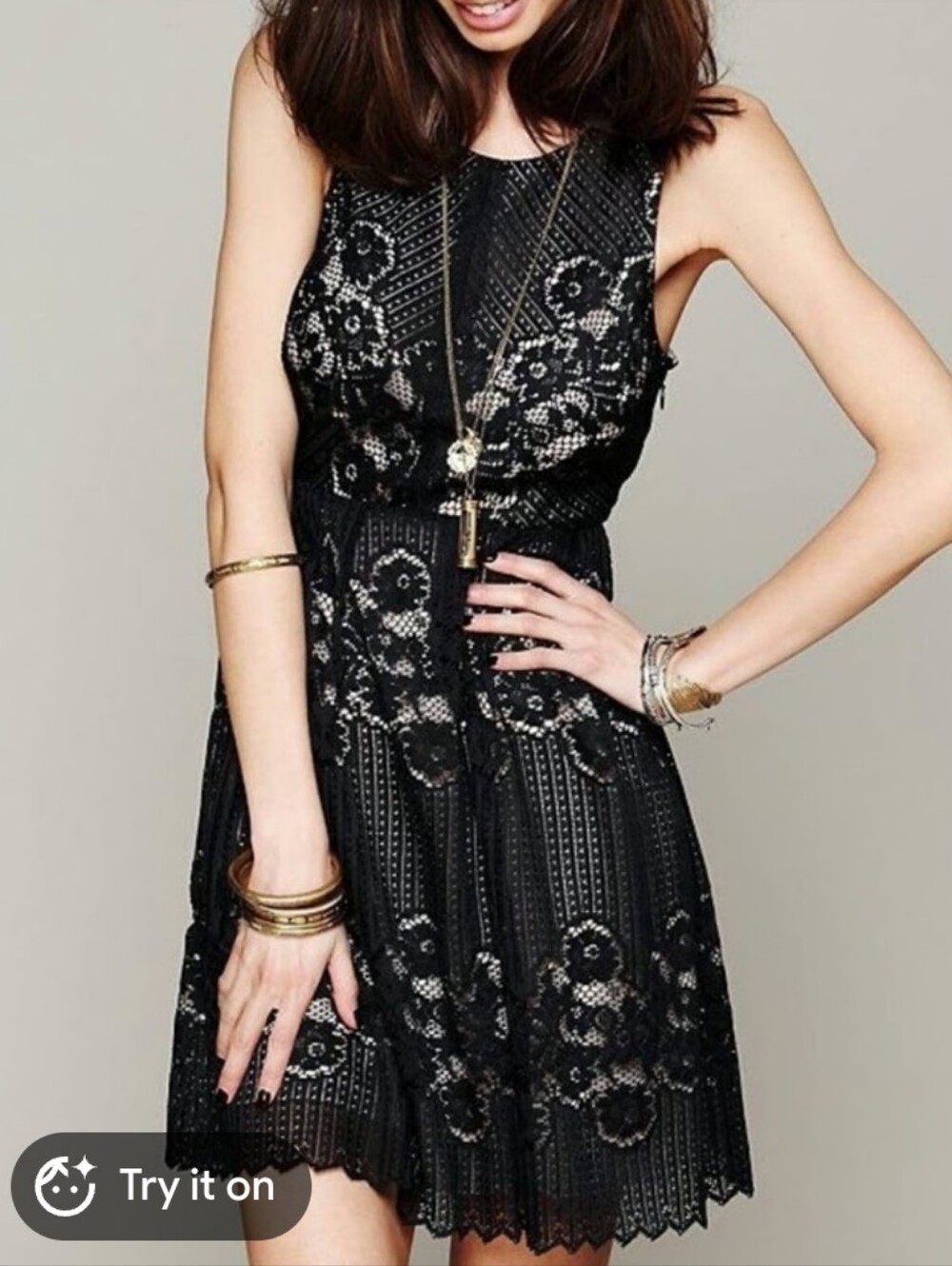 Free People Lace Overlay Sleeveless Keyhole Back Rocco Dress Women's 6 Black